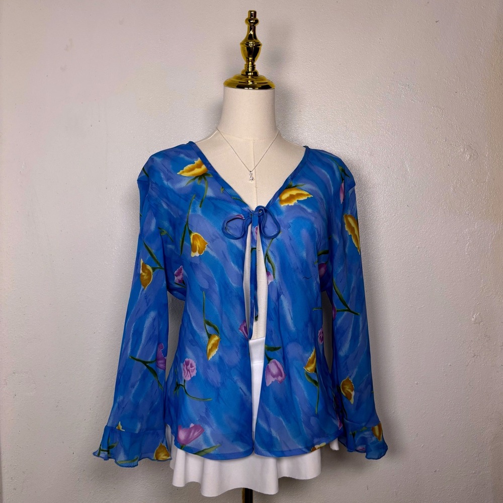 1990s world trends open front blue floral cardigan cottage fairy ruffle whimsy